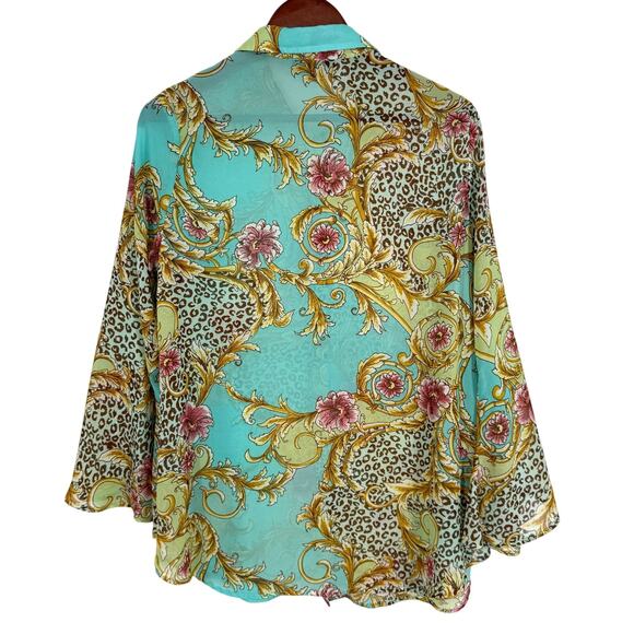 Slinky Brand Sz Large Super Sheer Tropical Floral Long Sleeve Blouse Shirt Top - Picture 9 of 9
